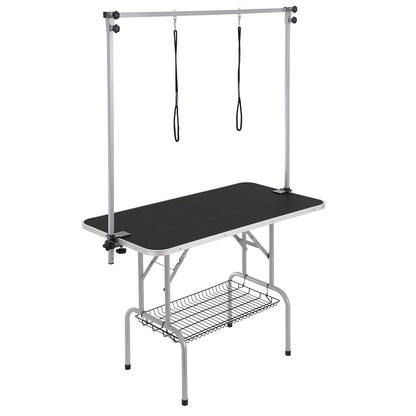 Pet Grooming Table Two Arms with Clamp, 117cm Dog Grooming Station, Foldable Pet Trimming Stand for Medium and Small Dogs, Free Two No Sit Bite Holders with Grooming Loop, Bearing 149.7kg