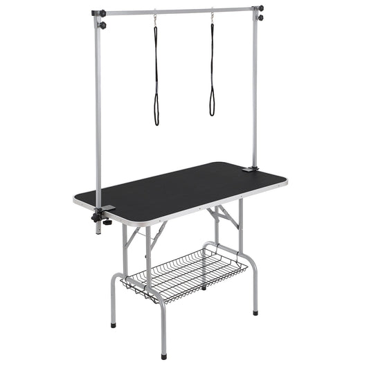 Pet Grooming Table Two Arms with Clamp, 117cm Dog Grooming Station, Foldable Pet Trimming Stand for Medium and Small Dogs, Free Two No Sit Bite Holders with Grooming Loop, Bearing 149.7kg