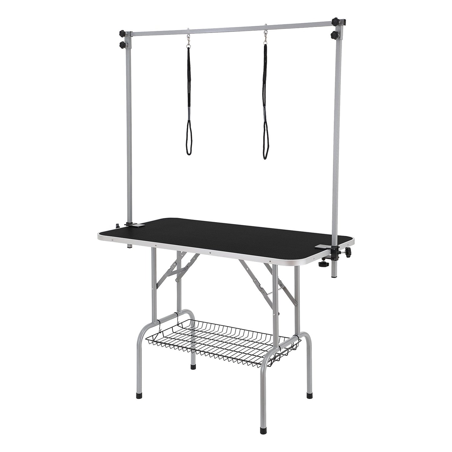 Pet Grooming Table Two Arms with Clamp, 117cm Dog Grooming Station, Foldable Pet Trimming Stand for Medium and Small Dogs, Free Two No Sit Bite Holders with Grooming Loop, Bearing 149.7kg