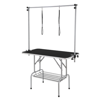 Pet Grooming Table Two Arms with Clamp, 117cm Dog Grooming Station, Foldable Pet Trimming Stand for Medium and Small Dogs, Free Two No Sit Bite Holders with Grooming Loop, Bearing 149.7kg