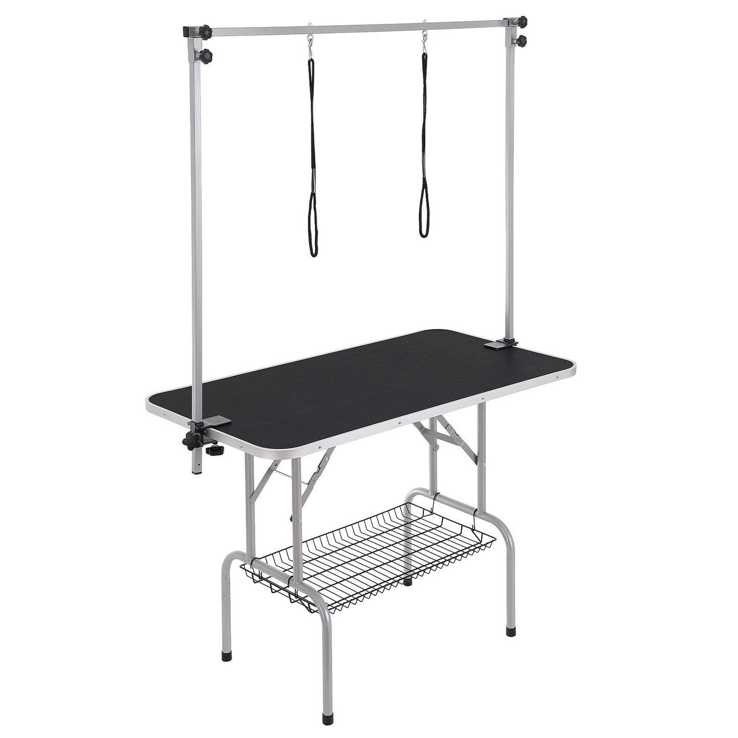 Pet Grooming Table Two Arms with Clamp, 117cm Dog Grooming Station, Foldable Pet Trimming Stand for Medium and Small Dogs, Free Two No Sit Bite Holders with Grooming Loop, Bearing 149.7kg