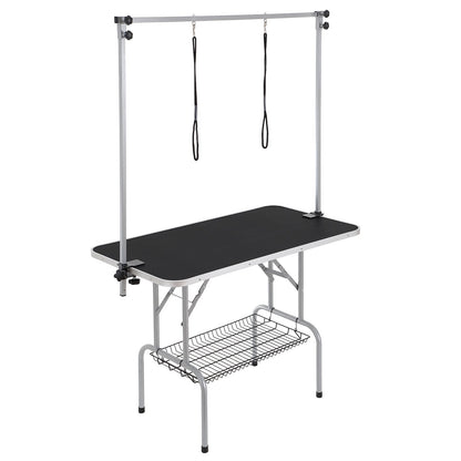 Pet Grooming Table Two Arms with Clamp, 117cm Dog Grooming Station, Foldable Pet Trimming Stand for Medium and Small Dogs, Free Two No Sit Bite Holders with Grooming Loop, Bearing 149.7kg