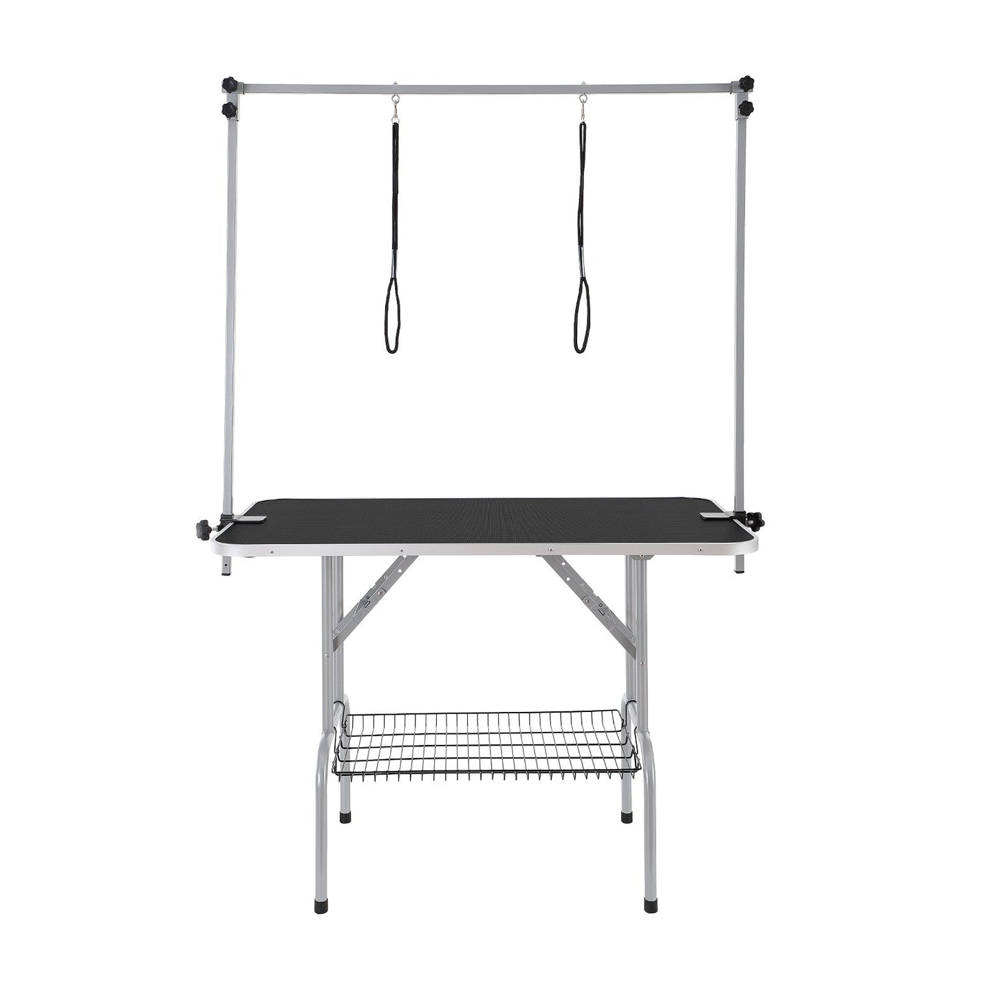 Pet Grooming Table Two Arms with Clamp, 117cm Dog Grooming Station, Foldable Pet Trimming Stand for Medium and Small Dogs, Free Two No Sit Bite Holders with Grooming Loop, Bearing 149.7kg