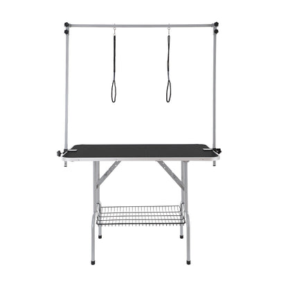 Pet Grooming Table Two Arms with Clamp, 117cm Dog Grooming Station, Foldable Pet Trimming Stand for Medium and Small Dogs, Free Two No Sit Bite Holders with Grooming Loop, Bearing 149.7kg