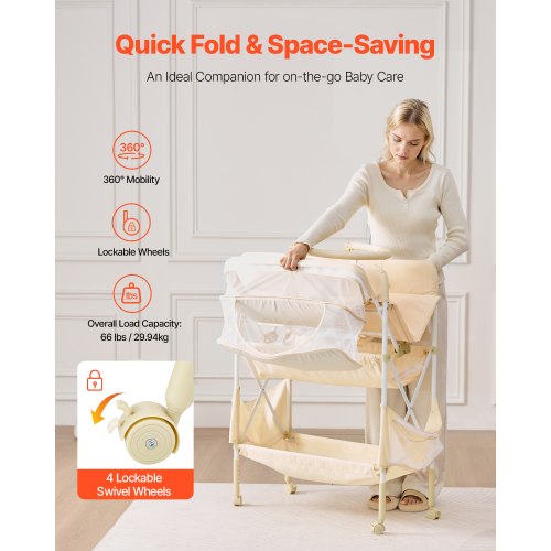 Hopfällbar skötblöjstation med sidokorg och upphängningsstång Beige