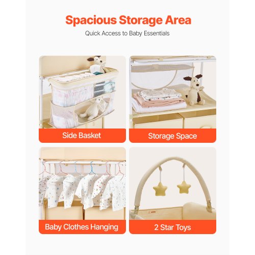 Hopfällbar skötblöjstation med sidokorg och upphängningsstång Beige