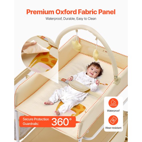 Hopfällbar skötblöjstation med sidokorg och upphängningsstång Beige