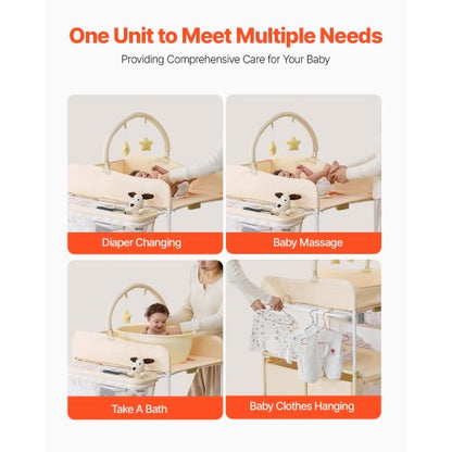 Hopfällbar skötblöjstation med sidokorg och upphängningsstång Beige