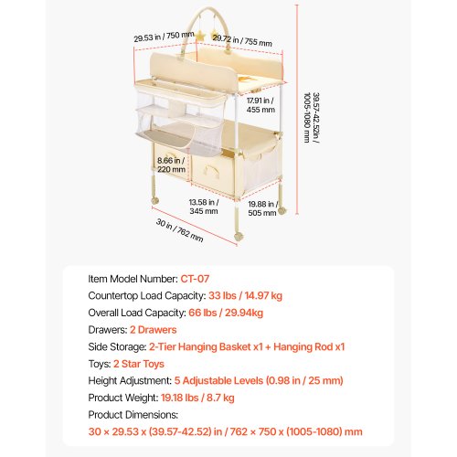 Hopfällbar skötblöjstation med sidokorg och upphängningsstång Beige
