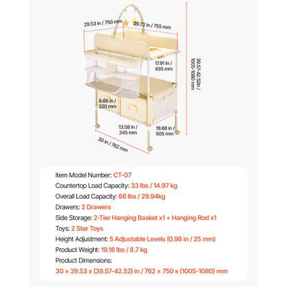 Hopfällbar skötblöjstation med sidokorg och upphängningsstång Beige