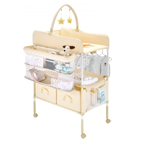 Baby Changing Table, Foldable Diaper Change Station with 2 Fabric Drawers, Side Basket & Hanging Rod, Adjustable Height Portable Changing Table with Lockable Wheels & 2 Star Toys, Light Beige
