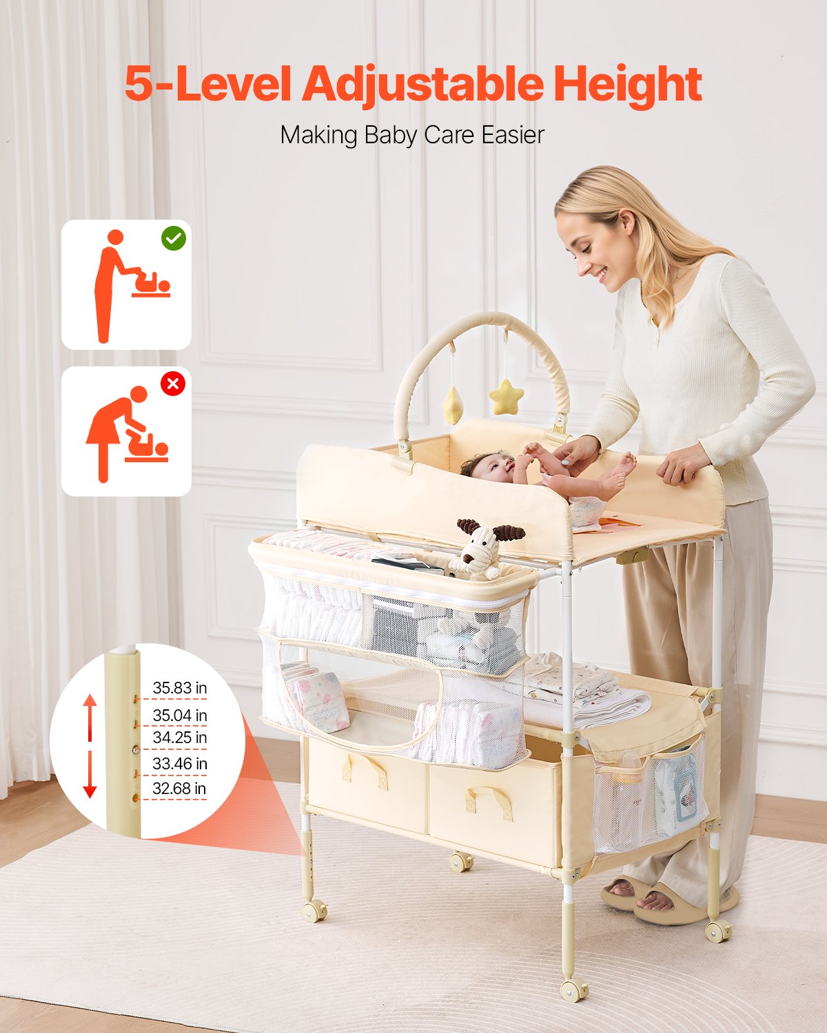 Baby Changing Table, Foldable Diaper Change Station with 2 Fabric Drawers, Side Basket & Hanging Rod, Adjustable Height Portable Changing Table with Lockable Wheels & 2 Star Toys, Light Beige