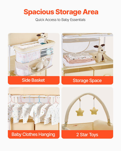Baby Changing Table, Foldable Diaper Change Station with 2 Fabric Drawers, Side Basket & Hanging Rod, Adjustable Height Portable Changing Table with Lockable Wheels & 2 Star Toys, Light Beige