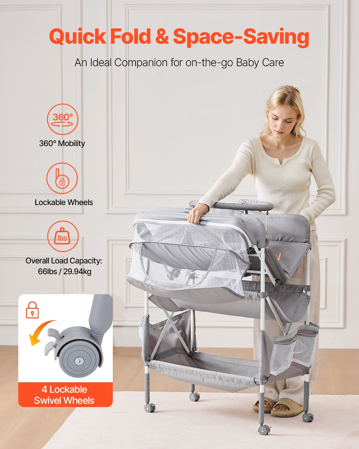 Baby Changing Table, Foldable Diaper Change Station with 2 Fabric Drawers, Side Basket & Hanging Rod, Adjustable Height Portable Changing Table with Lockable Wheels & 2 Star Toys, Light Gray
