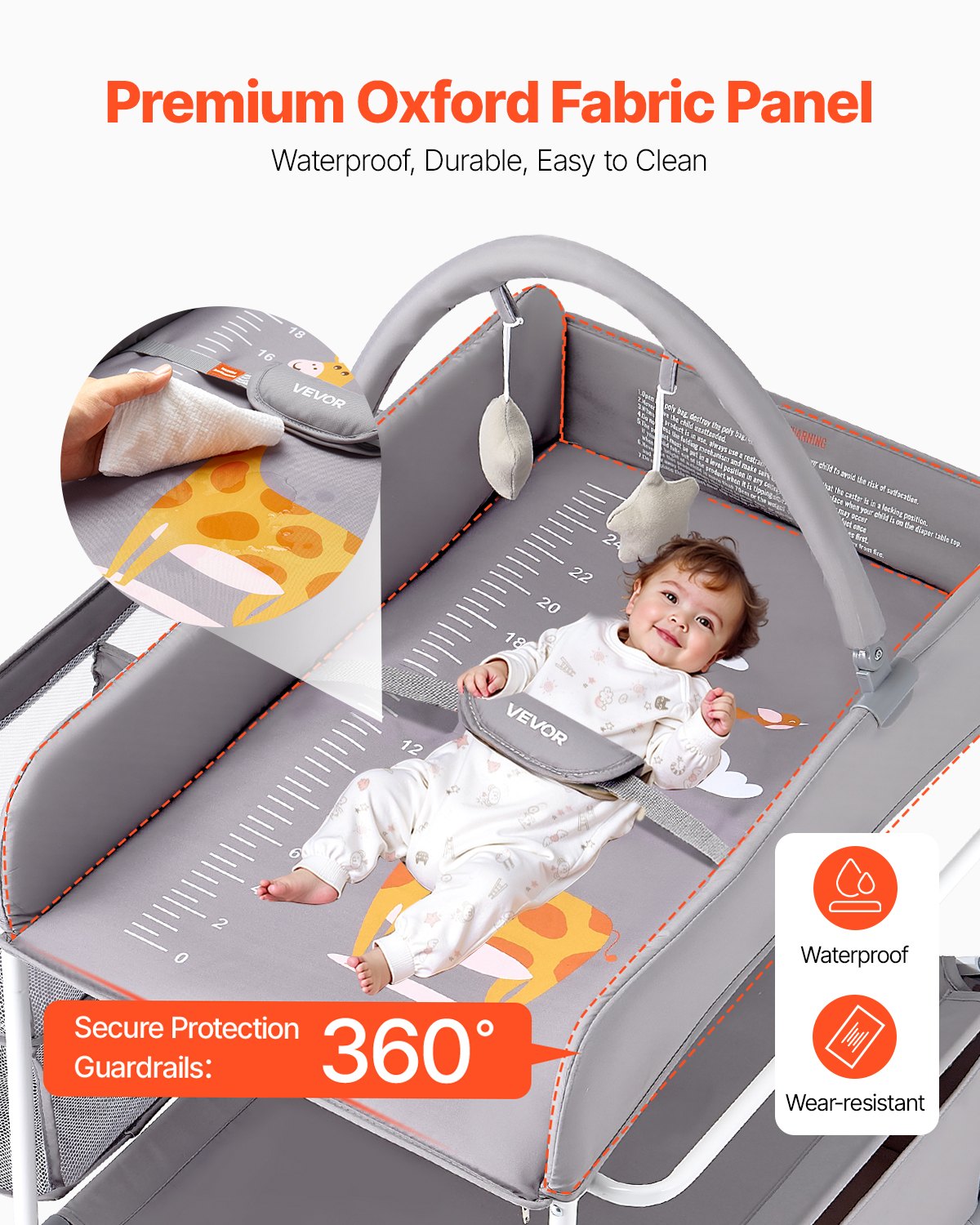 Baby Changing Table, Foldable Diaper Change Station with 2 Fabric Drawers, Side Basket & Hanging Rod, Adjustable Height Portable Changing Table with Lockable Wheels & 2 Star Toys, Light Gray