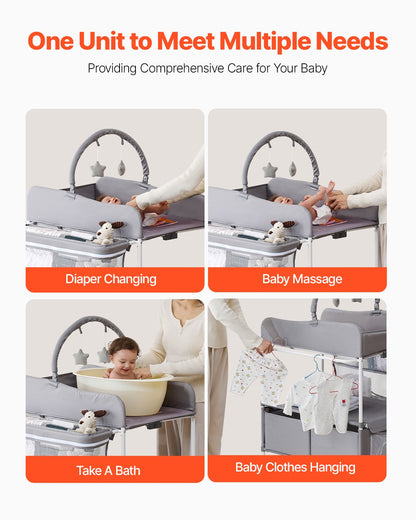 Baby Changing Table, Foldable Diaper Change Station with 2 Fabric Drawers, Side Basket & Hanging Rod, Adjustable Height Portable Changing Table with Lockable Wheels & 2 Star Toys, Light Gray