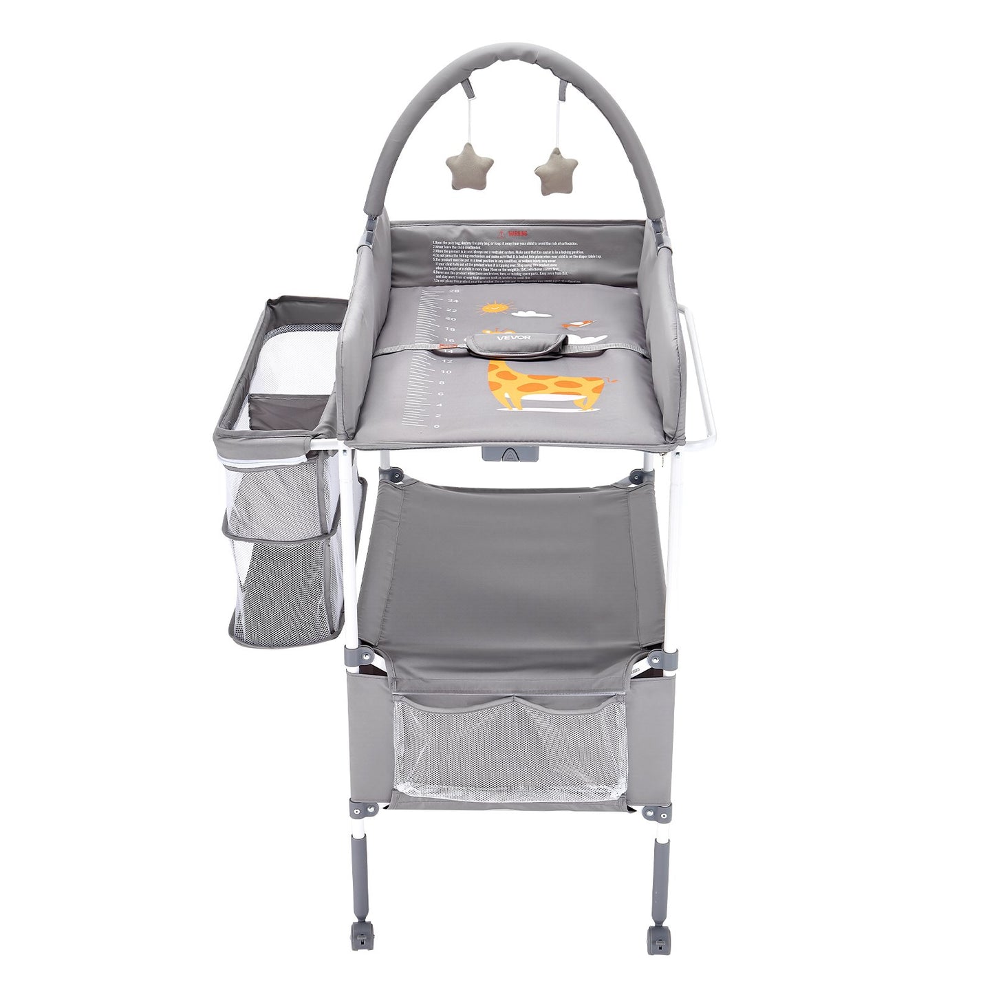 Baby Changing Table, Foldable Diaper Change Station with 2 Fabric Drawers, Side Basket & Hanging Rod, Adjustable Height Portable Changing Table with Lockable Wheels & 2 Star Toys, Light Gray
