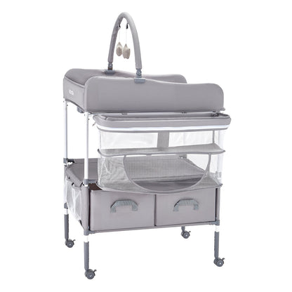 Baby Changing Table, Foldable Diaper Change Station with 2 Fabric Drawers, Side Basket & Hanging Rod, Adjustable Height Portable Changing Table with Lockable Wheels & 2 Star Toys, Light Gray