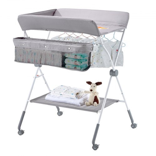 Foldable Baby Changing Diaper Station with Side Basket & Wheels Light Gray