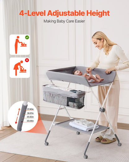 Foldable Baby Changing Diaper Station with Side Basket & Wheels Light Gray