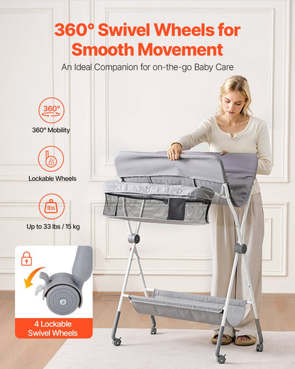 Foldable Baby Changing Diaper Station with Side Basket & Wheels Light Gray
