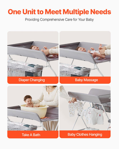 Foldable Baby Changing Diaper Station with Side Basket & Wheels Light Gray