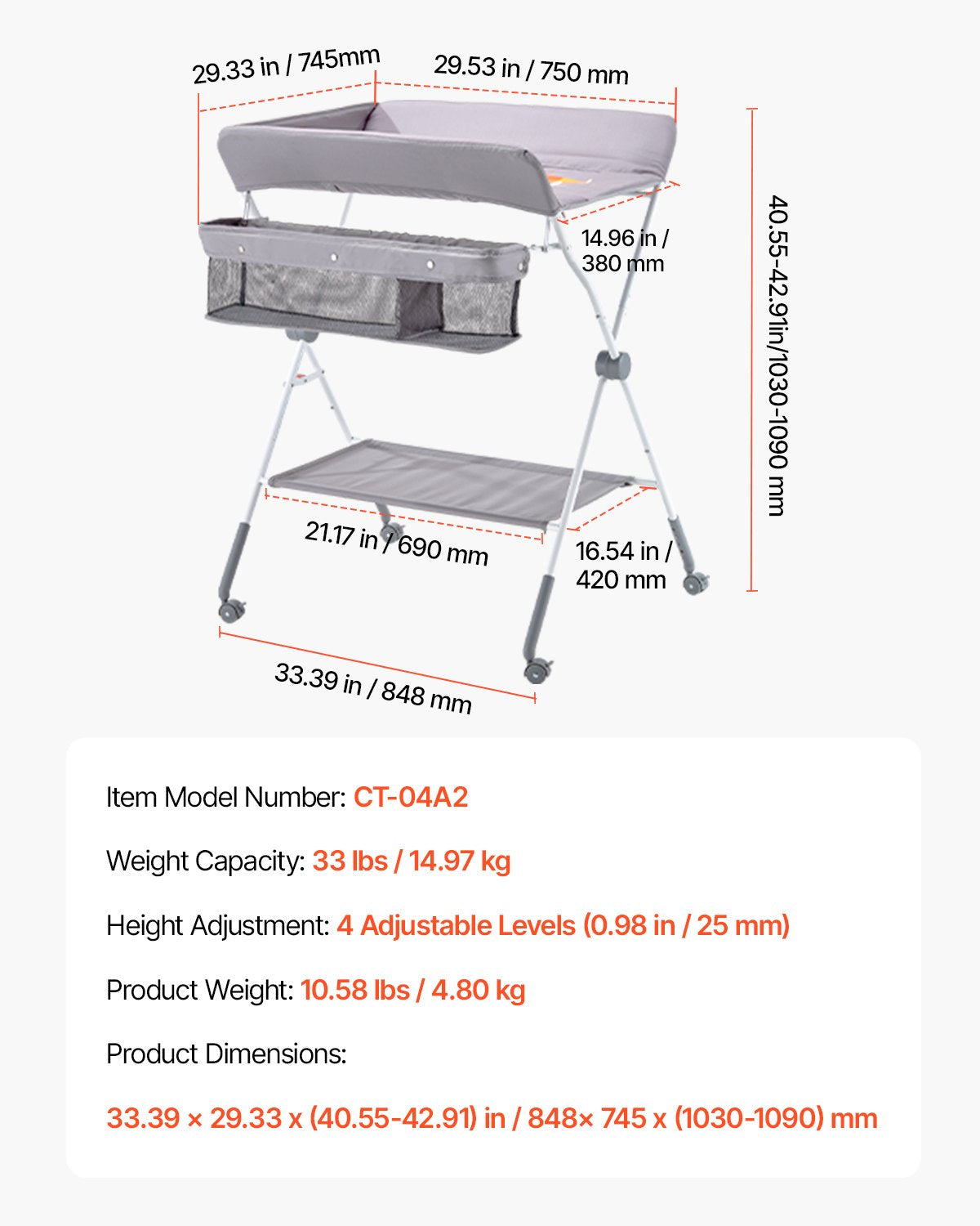 Foldable Baby Changing Diaper Station with Side Basket & Wheels Light Gray