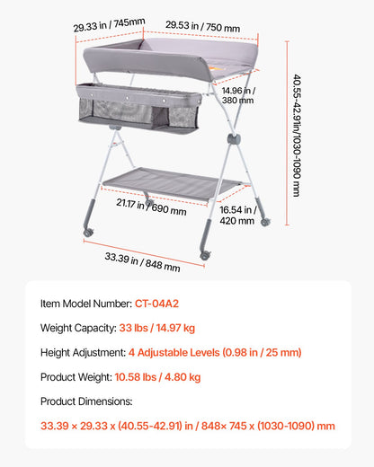 Foldable Baby Changing Diaper Station with Side Basket & Wheels Light Gray