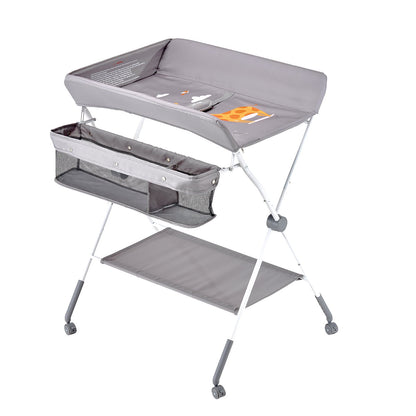 Foldable Baby Changing Diaper Station with Side Basket & Wheels Light Gray