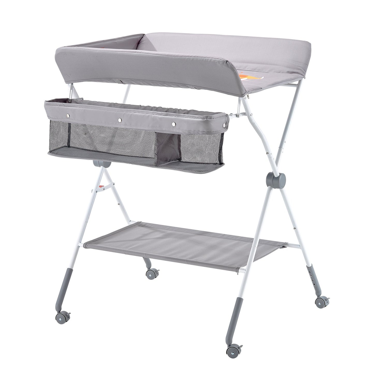 Foldable Baby Changing Diaper Station with Side Basket & Wheels Light Gray