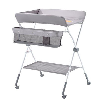 Foldable Baby Changing Diaper Station with Side Basket & Wheels Light Gray