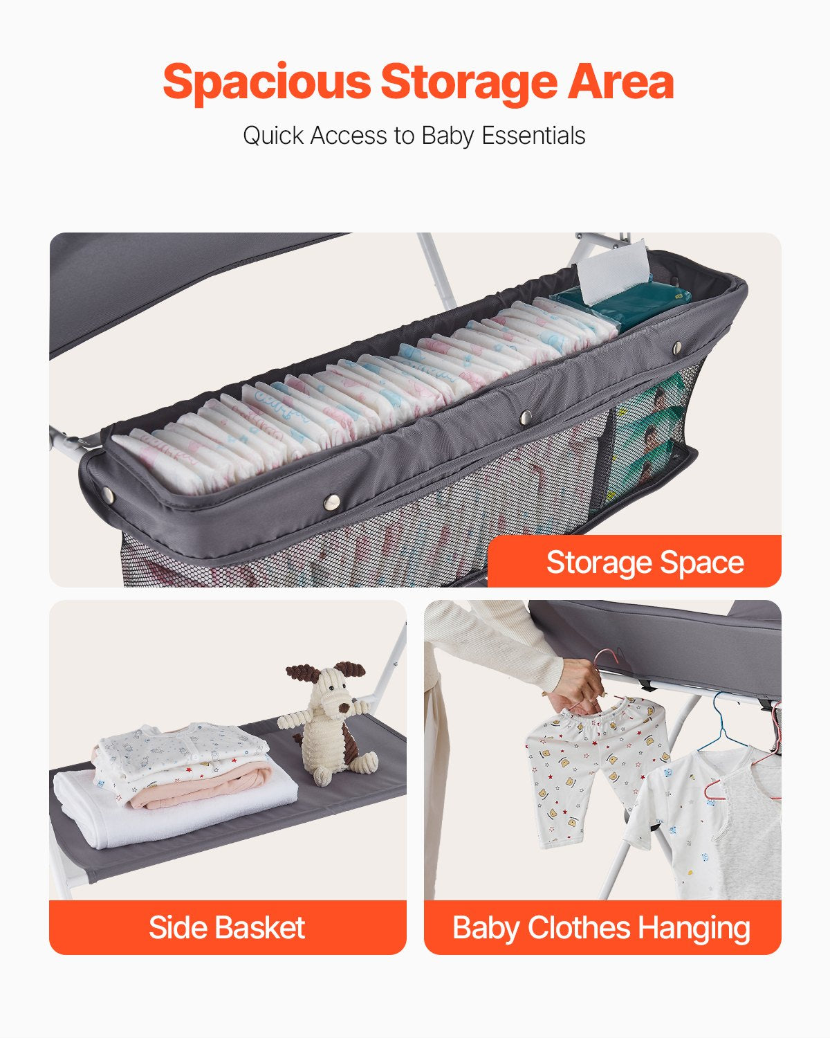 Baby Changing Table, Foldable Diaper Change Station with Side Basket, Adjustable Height Portable Changing Table with Lockable Wheels, Multi-Functional Storage Organizer Nursery, Dark Gray