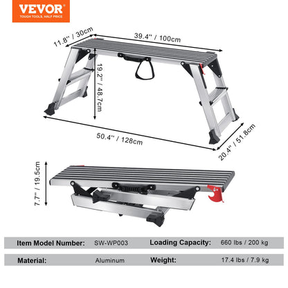 Folding Work Platform, 660 lbs Load Capacity, Aluminum Drywall Stool Ladder, Heavy Duty Work Bench w/ Non-Slip Feet, Ideal for Washing Vehicles, Cleaning, Painting, Decorating