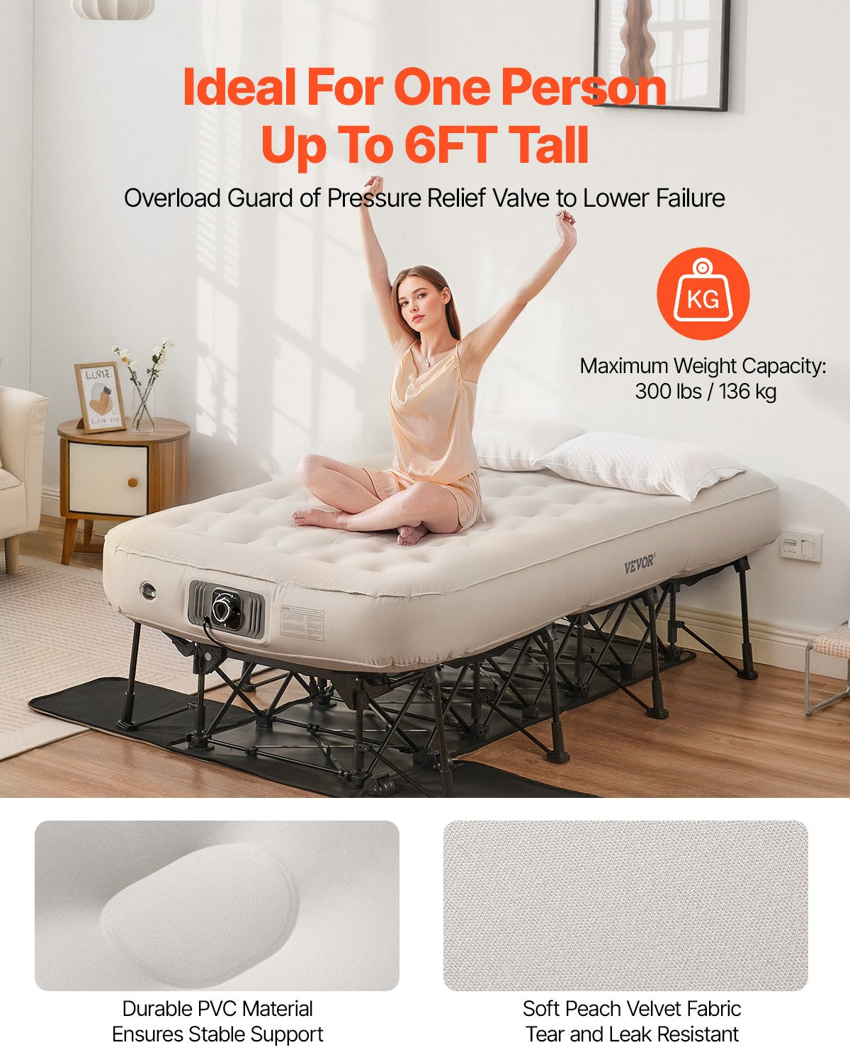 Luftmatratze mit Rahmen und Pumpe 1 Person aufblasbares Campingbett 300lbs