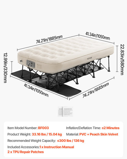 Luftmatratze mit Rahmen und Pumpe 1 Person aufblasbares Campingbett 300lbs