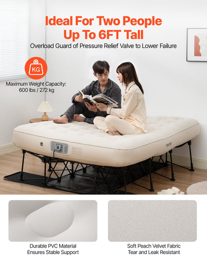 Air Mattress with Frame, Inflatable 2 Person Camping Cot with Built-in Pump, Portable Folding Air Beds Supports 600 lbs, Blow Up Anywhere Bed for Guests Camping Travel Indoor & Outdoor Use