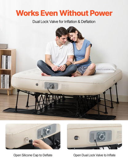 Air Mattress with Frame, Inflatable 2 Person Camping Cot with Built-in Pump, Portable Folding Air Beds Supports 600 lbs, Blow Up Anywhere Bed for Guests Camping Travel Indoor & Outdoor Use