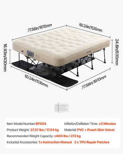 Air Mattress with Frame, Inflatable 2 Person Camping Cot with Built-in Pump, Portable Folding Air Beds Supports 600 lbs, Blow Up Anywhere Bed for Guests Camping Travel Indoor & Outdoor Use