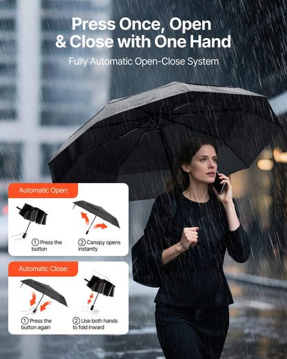 Travel Umbrella, 42 in Portable Compact Umbrellas, Automatic Open-Close Umbrella, Lightweight & Durable with Flexible Fiberglass Ribs, Windproof, Rainproof, and Sun-Blocking Canopy (Black)