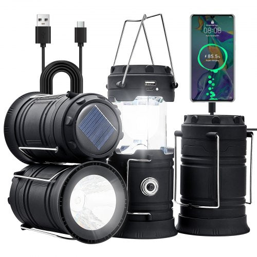 LED Camping Lanterns, 4 Pack Rechargeable Camping Flashlights, Solar & USB Charging, Portable Collapsible, Bulit to Last Lights, As Power Bank, for Hiking, Hurricane Emergency, Outrages, Fishing