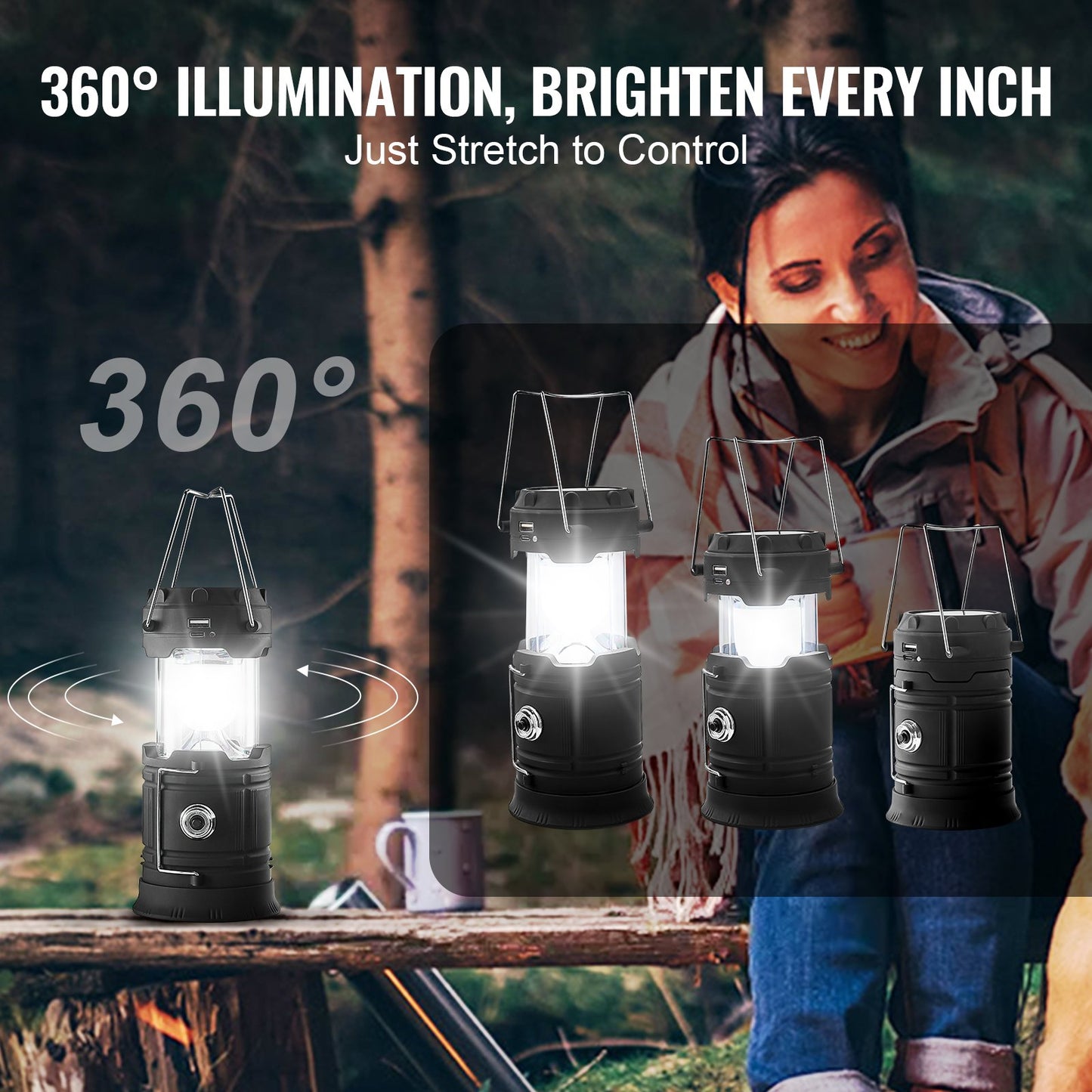 LED Camping Lanterns, 4 Pack Rechargeable Camping Flashlights, Solar & USB Charging, Portable Collapsible, Bulit to Last Lights, As Power Bank, for Hiking, Hurricane Emergency, Outrages, Fishing