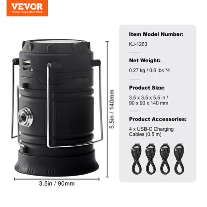 LED Camping Lanterns, 4 Pack Rechargeable Camping Flashlights, Solar & USB Charging, Portable Collapsible, Bulit to Last Lights, As Power Bank, for Hiking, Hurricane Emergency, Outrages, Fishing