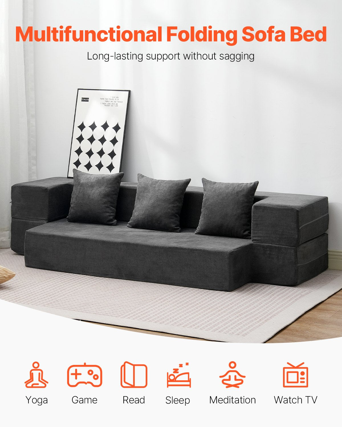 Klappsofa Bett 3-in-1 Klappsofa Bett mit 3 Kissen Dunkelgrau Twin