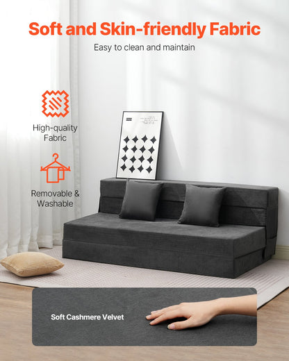 Folding Sofa Bed, 3-in-1 Foldable Couch Bed with 2 Pillows and Washable Cover, 25D High Density Memory Foam Convertible Sleeper Chair Bed, Futon Couch for Living Room, Bedroom, Dark Grey(Queen)