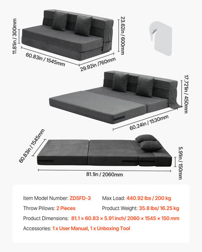 Folding Sofa Bed, 3-in-1 Foldable Couch Bed with 2 Pillows and Washable Cover, 25D High Density Memory Foam Convertible Sleeper Chair Bed, Futon Couch for Living Room, Bedroom, Dark Grey(Queen)