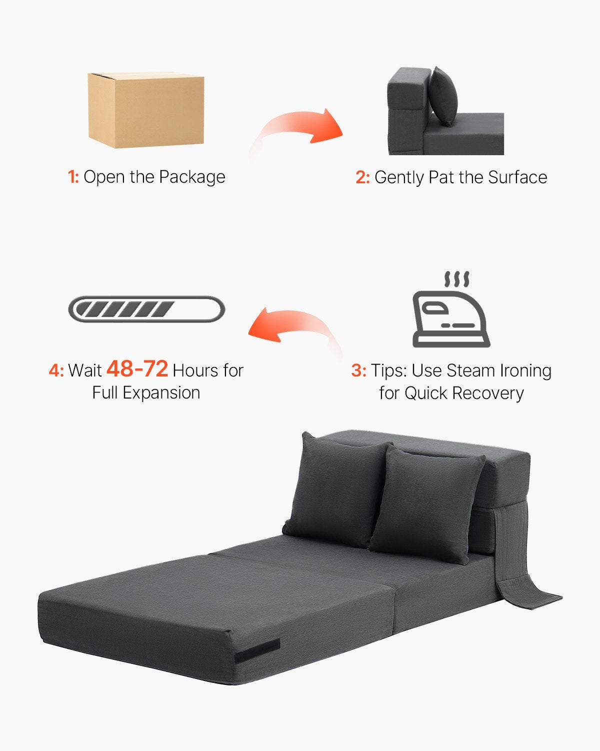 Hopfällbar bäddsoffa 3-i-1 hopfällbar bäddsoffa med 2 kuddar mörkgrå enkel