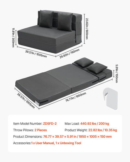 Hopfällbar bäddsoffa 3-i-1 hopfällbar bäddsoffa med 2 kuddar mörkgrå tvilling