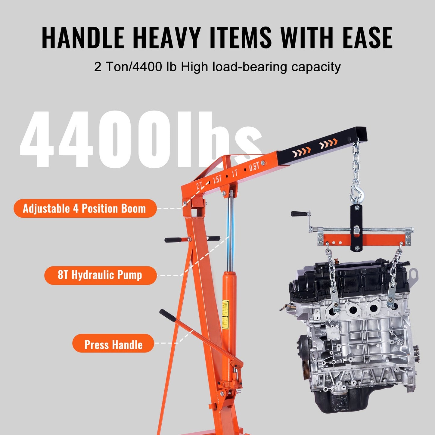 Hydraulic Engine Hoist with Lever, 2 Ton/4400 LBS Heavy-duty Cherry Picker Shop Crane, Foldable Engine Crane and Engine Hoist leveler for Auto Repair, Motors, Weights Lifting, Loading