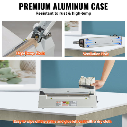 Impulse Sealer 12 inch, Manual Heat Sealing Machine with Adjustable Heating Mode, Aluminum Shrink Wrap Bag Sealers for Plastic Mylar PE PP Bags, Portable Poly Bag Sealer with Extra Replace Kit