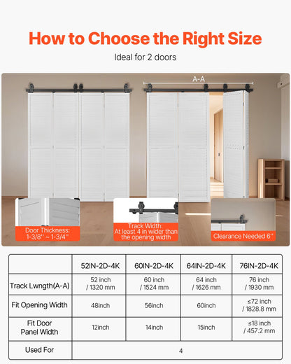Bi-Folding Sliding Barn Door Hardware Track Kit, 52" Top Mount Track Kit, Slide Smoothly & Quietly, Heavy Duty, Easy to Install, Suitable for Four 12" Closet Pantry Laundry Doors (Not Included)